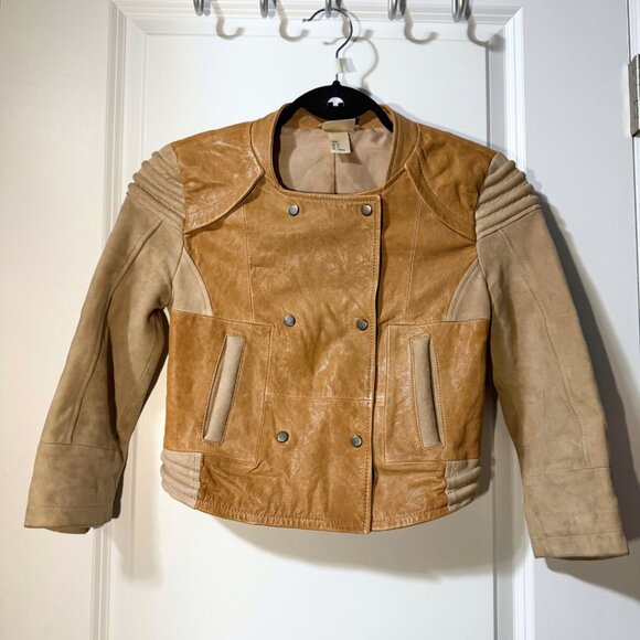 H&M Two-Tone Leather Suede Cropped Moto Jacket Biker – Size US 2 - Picture 1 of 15